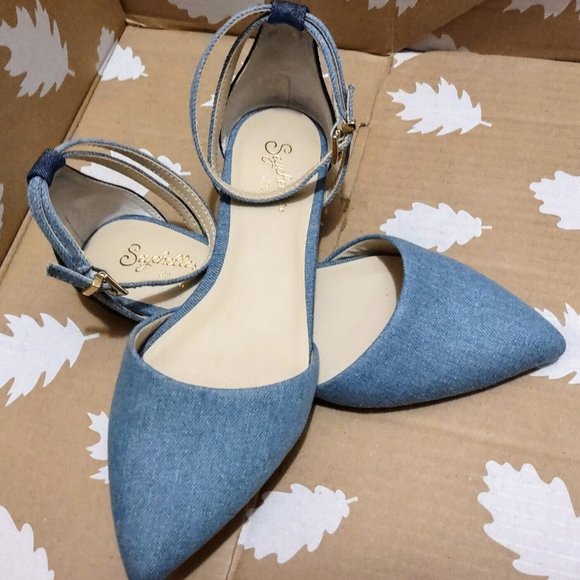 Seychelles Plateau Denim Ankle Strap Flats Sz 6 Anthropologie ~ Like New! - Picture 5 of 12